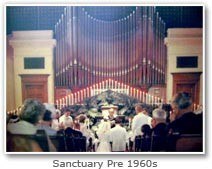 The Cornerstone sanctuary before the 1960s remodeling, with the congregation gathered