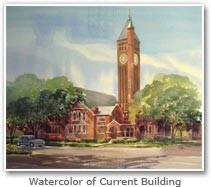 Watercolor painting of the current Cornerstone church building and clock tower